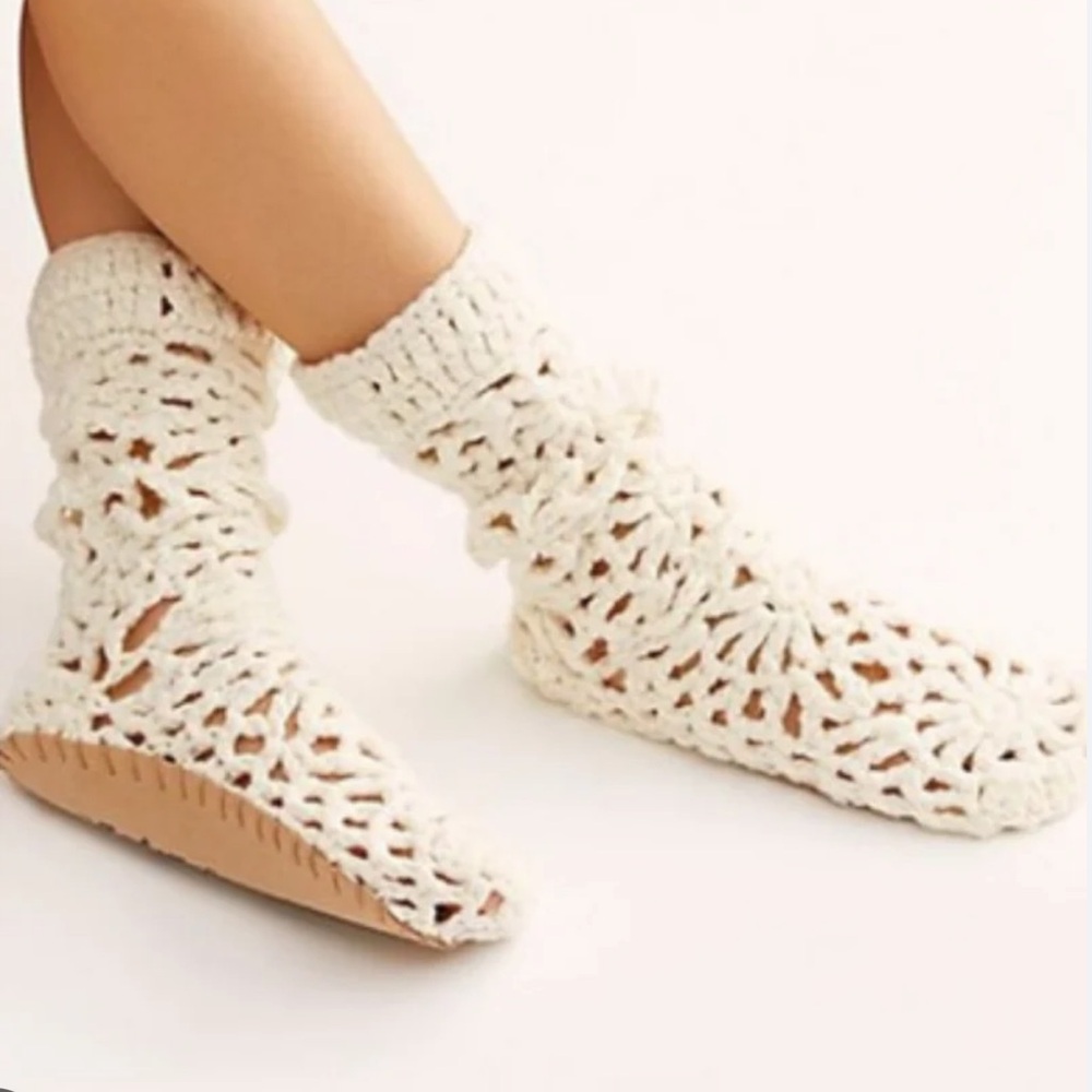 Free People Tan Crochet Slippers WARM WISHES NWT